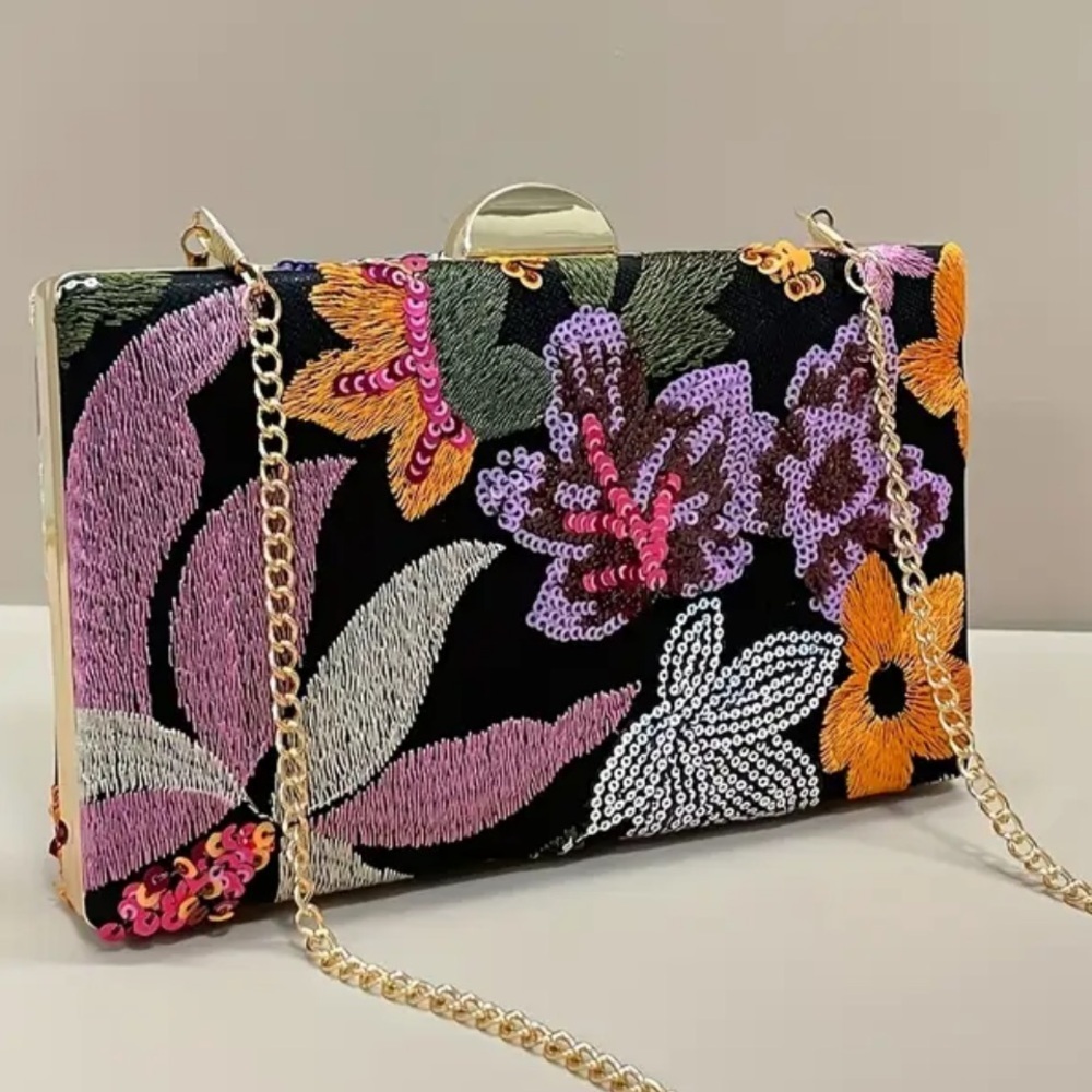 Floral Sequin Clutch with Gold Chain - Picture 5 of 9